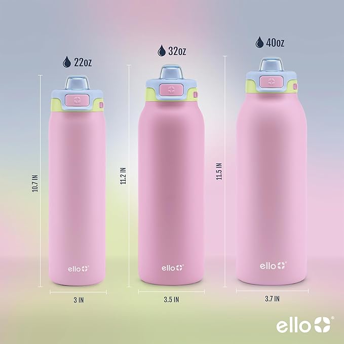 Ello Pop & Fill 22oz Stainless Steel Water Bottle with Quick Fill Technology, Double Walled and Vacuum Insulated Metal, Leak Proof Locking Lid, Sip and Chug, Reusable, BPA Free, Rosy Skyline