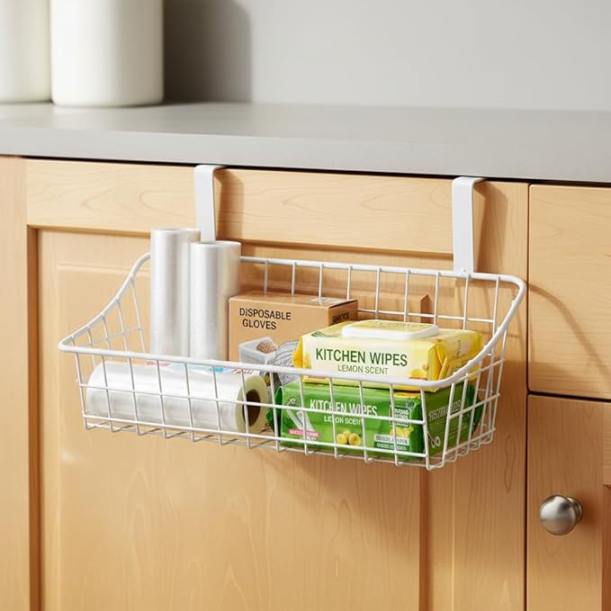 LeleCAT White Basket with hook Grid Storage Basket,Hang it behind a door or on a railing,Over the Cabinet Door,2 Pack