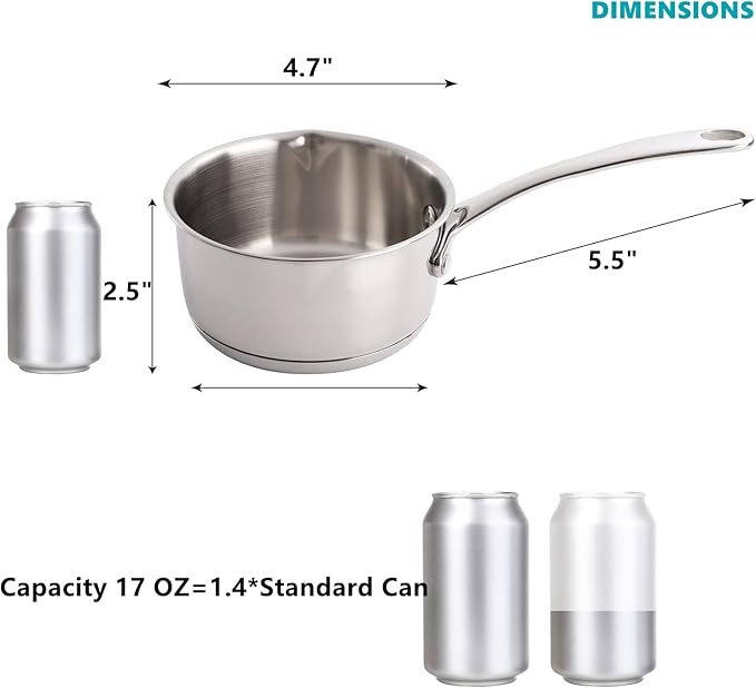 DEAYOU 18/10 Stainless Steel Butter Warmer Measuring Pan, 0.5-Quart Milk Warmer Pot with Dual Pour Spouts, 17OZ Small Sauce Pan for Stove Top, Chocolate Melting, Coffee Tea Soup Warming