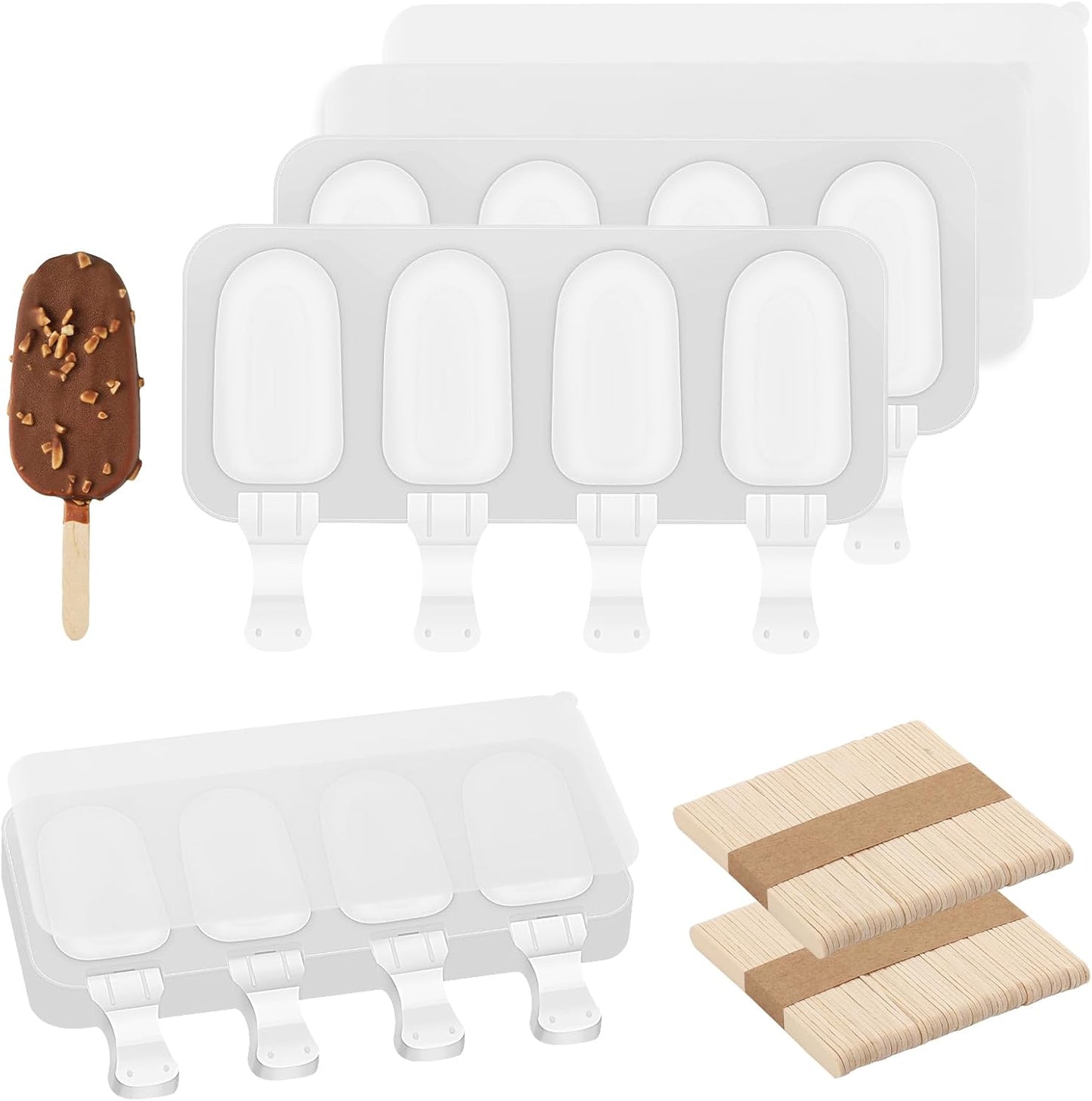 3 Set Samll Popsicles Molds with Lids and 100 Pieces Wooden Popsicles Sticks, 4 Cavities Silicone Ice Cream Molds for Making Cakesicles, Cake Pops, Ice Cream - BPA Free