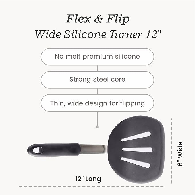 StarPack Premium Flexible Wide Silicone Turner Spatula - High Heat Resistant to 600°F, Hygienic One Piece Design, Non Stick Rubber Kitchen Utensil for Fish, Egg, Pancakes, Cookies & more (Stormy Grey)
