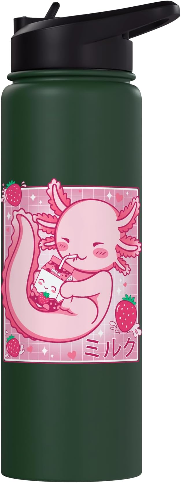 Kawaii Axolotl Strawberry Milk Shake Carton Japanese Anime Stainless Steel Insulated Water Bottle