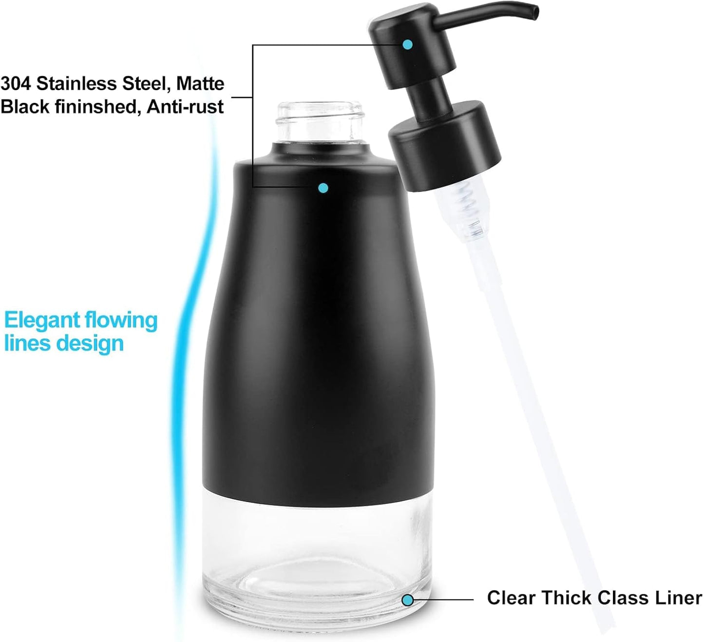 Soap Dispenser with Non-Slip Silicone Pad, 2 Pack Kitchen Dish Refillable Liquid Dispensers, Matte Black Hand Soap Dispenser for Bathroom, Stainless Steel Case Glass Liner Hand Pump Dispensers