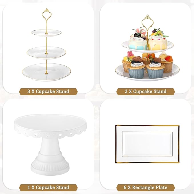 Willinglong 12 Pcs Dessert Table Display Stand Set Include 5 Cupcake Stand Holder Tier Tower 1 Cake Stand 6 Serving Tray Combo for Party Birthday Baby Shower Wedding(Round)