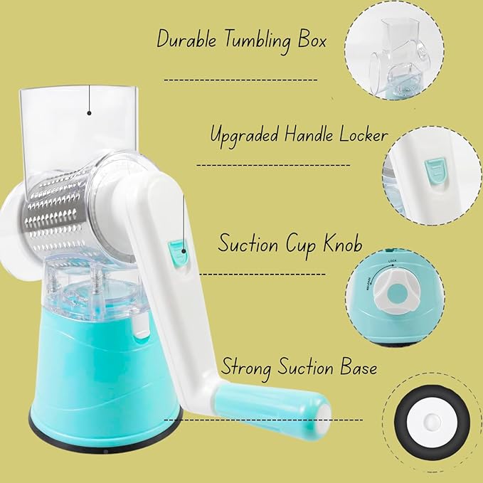Rotary Cheese Grater, Kitchen Grater Vegetable Slicer with 3 Drum Blades, Manual Vegetable Slicer & Shredder for Vegetables and Nuts – Strong Suction Base & Stainless Steel Blades