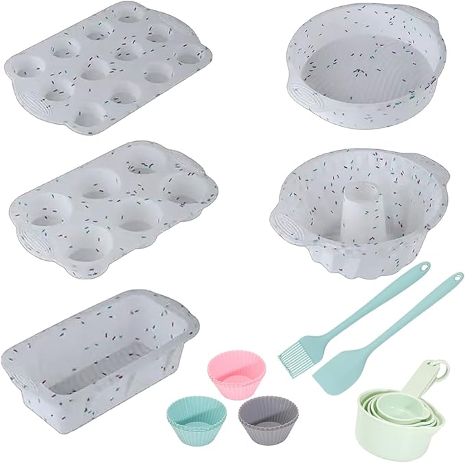 23 PCS Silicone Baking Set, Nonstick Pans Sets with Round Cake Pans, Muffin Pan, Baking Cups and Spoons for Making Bread, Cupcakes and Desserts (White)