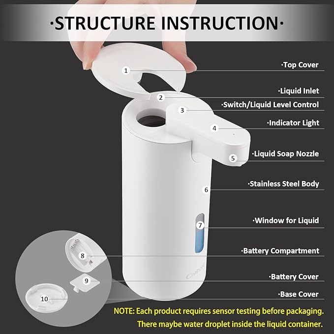Automatic Soap Dispenser, Automatic Liquid Soap Dispenser Touchless, 12oz/340ml, 3-Level Adjustable, Battery Operated, Water-Resistant for Bathroom, Kitchen, and School, Clog-Free, White