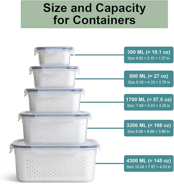 5 Pack Large Fruit Storage Containers for Fridge with Removable Colander-Plastic Food Storage Containers with Lids Airtight-Leak Proof Refrigerator Organizers and Storage of Vegetable -Produce Storage
