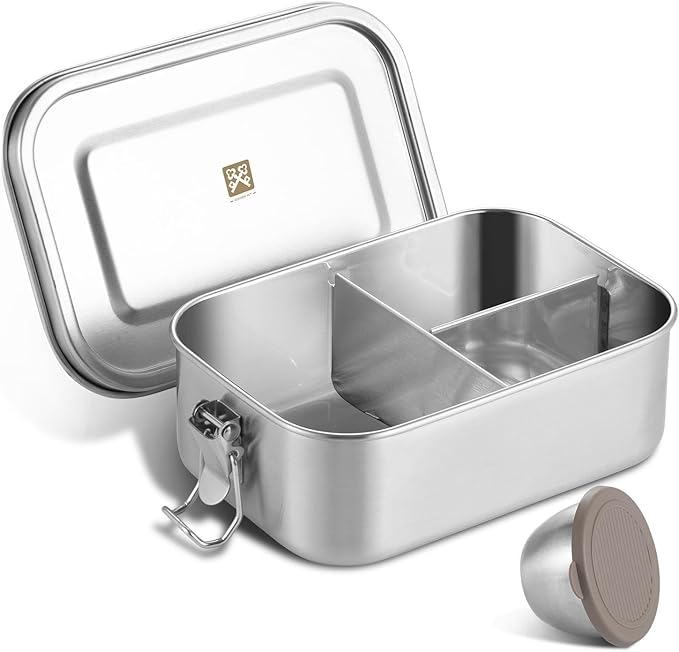 GOLDEN KEY 27oz Stainless Steel Lunch Box for Kids,BPA Free Bento Box for Kids with Leakproof Condiment Container,3 Compartment Bento box for School and Eating Out,Freezer & Dishwasher Safe(Brown)