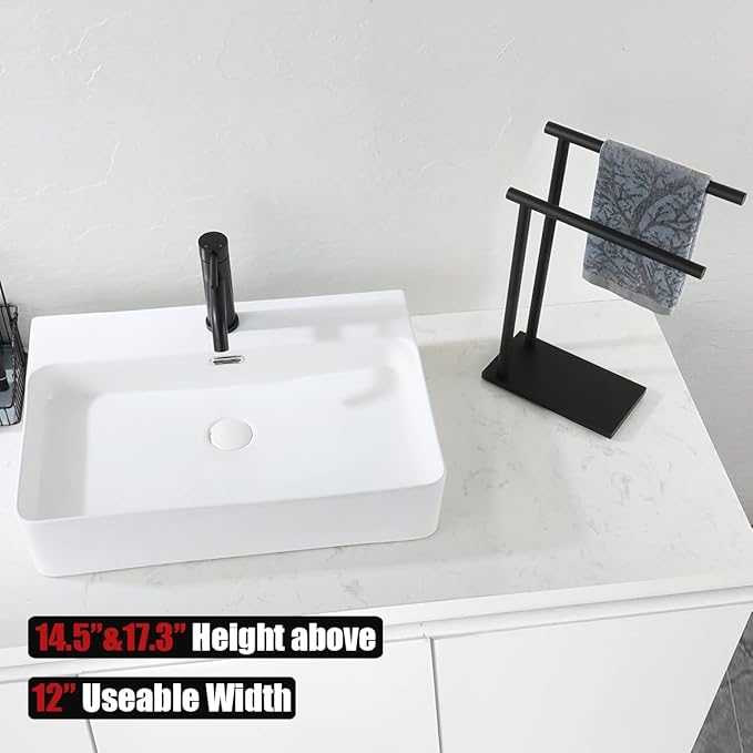 JQK Hand Towel Holder Stand Black, Modern Tree Rack Free Standing for Countertop with 12 Inch 2 Bars, 304 Stainless Steel Matte Black 9.45x5.12 Inch Base, HTT172-PB