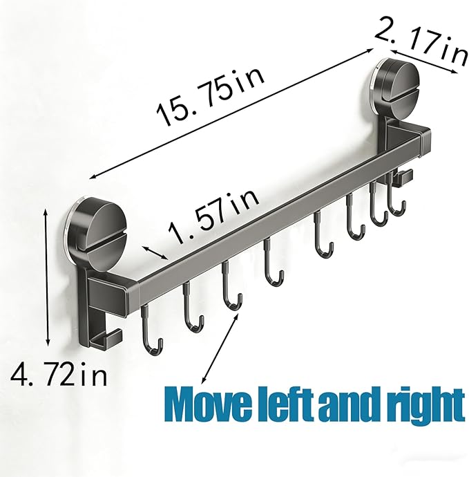 Wall Mounted Utensil Hook Rack with 8 Hooks, No Drill Installation, Space Gray Finish, Kitchen Organizer for Coats, Bags, and Accessories，Suction Cup Storage (2 Pack)