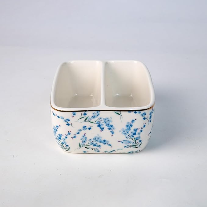 2 Compartments Ceramic Sponge Holder for Kitchen Sink, Cute Floral Pattern Countertop Dish Sponges Holder Soap Sink Organizer Caddy Farmhouse Home Kitchen Decor Blue Blossom