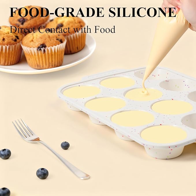 Vinino 2-Pack Silicone Muffin Pan for Baking with Metal Reinforced Frame, 12 Cups Regular Size Silicone Cupcake Pan with Non-Slip Handle, Nonstick Muffin Tray for Oven, BPA Free, Dishwasher Safe