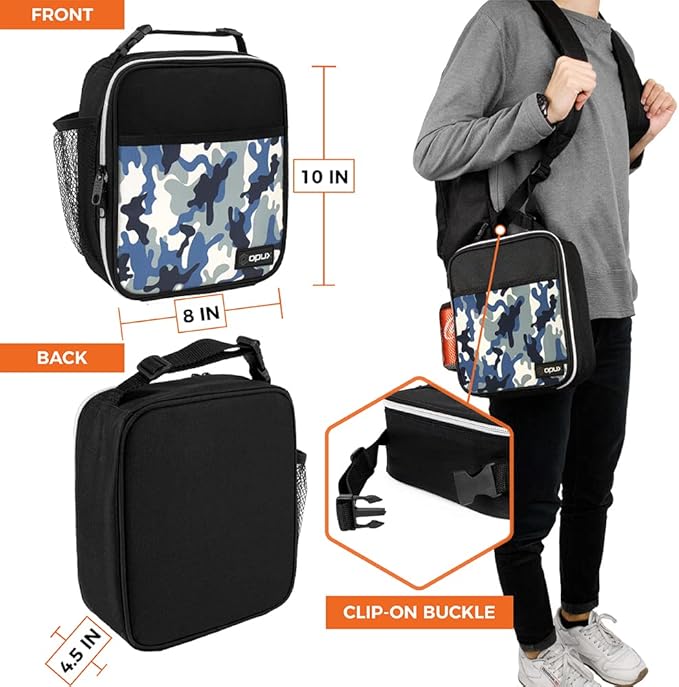 opux Premium Insulated Lunch Box, Soft School Lunch Bag for Kids Boys Girls, Leakproof Small Lunch Pail Men Women Work, Reusable Compact Cooler Tote Lunchbox for Office Adult, Camo Blue