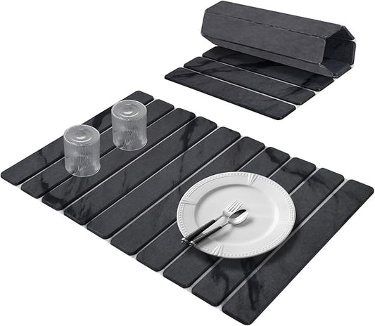 Large Stone Dish Drying Mats for Kitchen Counter, 24"(L)×16"(W) Marble-Pattern, Fast Drying Collapsible, Eco-Friendly Absorbent Diatomaceous Earth Mats, Match Any Countertop - Dark Grey