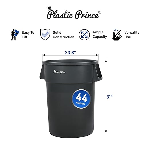 PLASTIC PRINCE 44 Gallon Round Trash Can with Lid and Dolly Gray Plastic Commercial Garbage Container for Home Garage Restaurants Warehouses - Bundle