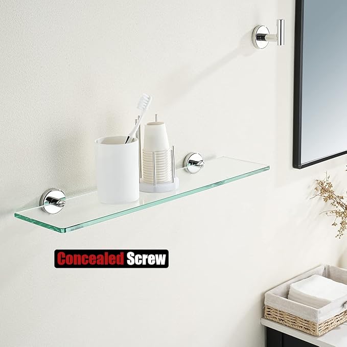 JQK Bathroom Glass Shelf Chrome, Tempered Glass Shower Storage 24 by 5 inches, 304 Stainless Steel Polished Chrome Wall Mount, TGS101L24-CH