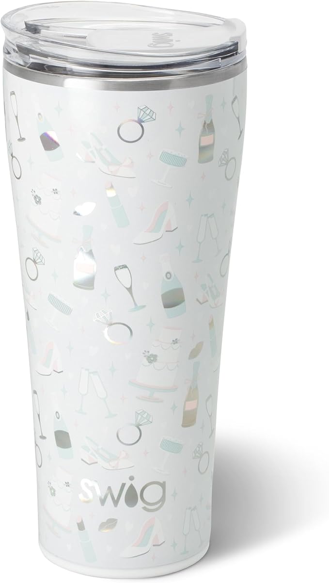 Swig Life 32oz Insulated Tumbler, Travel Coffee Tumbler with Lid, Cup Holder Friendly Travel Coffee Mug, Stainless Steel with Lid (Bride to Be)