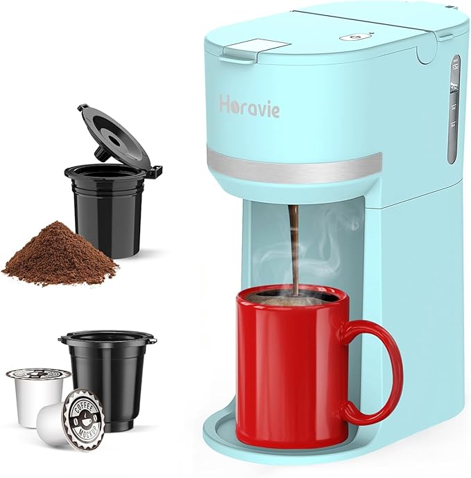 Horavie Mini Single Serve Coffee Maker for K-Cup Pod and Ground Coffee, Fast Brew One Cup Coffee Machine with Descaling Reminder and Water Window, 6 to 12 oz. Brew Sizes, Light Blue