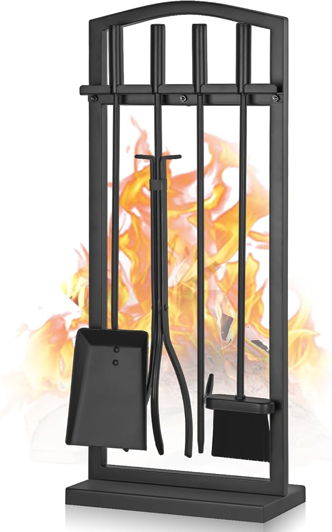 Gtongoko 29 Inch 5 Pieces Fireplace Tools Set with Stand, Outdoor Fire Tools for Fireplace with Poker, Shovel, Brush, Tong and Base, Fireplace Accessories Fire Place Set Tools, Black