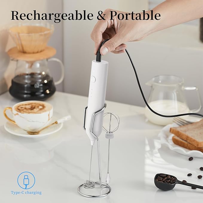 Rechargeable Milk Frother Set by ELMWAY, Electric Drink Blender with Wand and Egg Whisk, Foam Maker Mixer, Milk Frother Handled for Coffee, Latte, Matcha, Protein Powder (White with Stand)