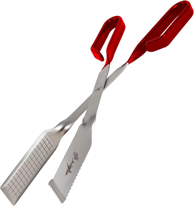 Shark BBQ Steak Grill Tongs for Kitchen & Outdoor Cooking, 13 Inch Long Reach Pro-Grade, Scissor-Style Utensil - Perfect for Air Frier and Oven Use (Red)
