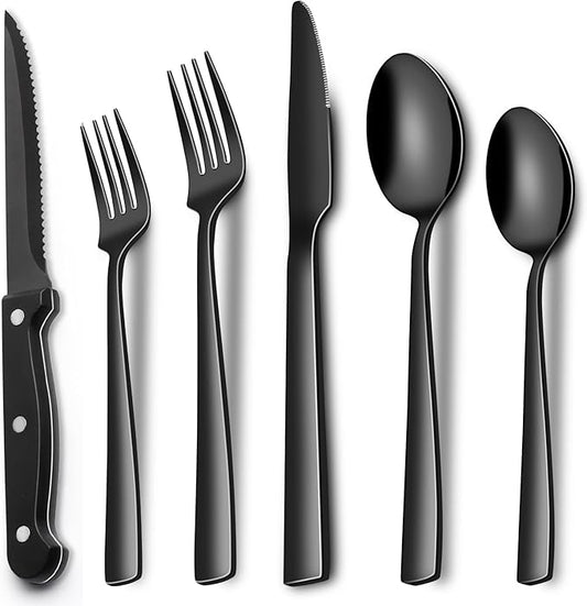 EWFEN 24-Piece Black Silverware Set with Steak Knives, Black Flatware Set for 4, Food-Grade Stainless Steel Tableware Cutlery Set, Mirror Finished Utensil Sets for Home Restaurant, Square Edge