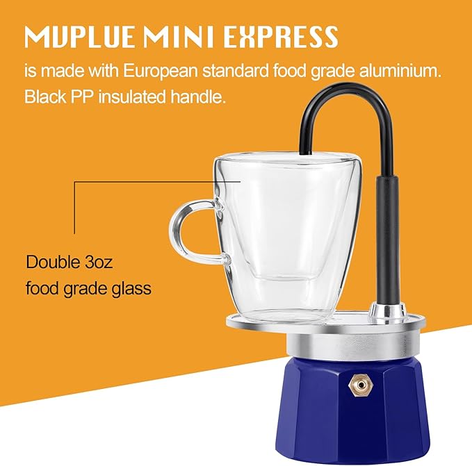 MVPLUE-Mini Express Swiss Single Tube Moka Pot Aluminum Blue，Moka Set includes One Double Wall 3oz Cup,Enjoy delicious coffee in no time