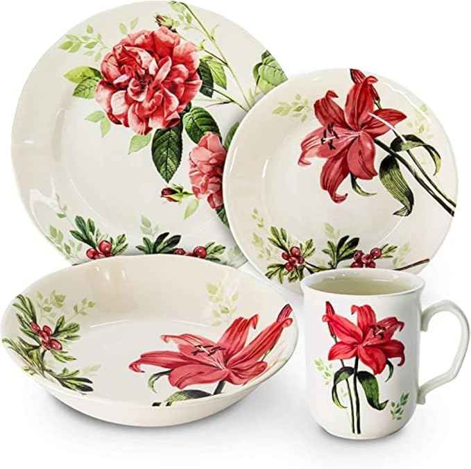 Tudor Royal 16-Piece Round Porcelain Dinnerware Set, Service for 4, Rosemary, Summer Flowers, Plates Bowls Dishes, Glossy, Premium Quality Dish Set, Unique Pattern
