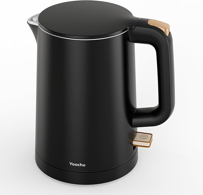 Small Electric Kettle, 0.8L Water Boiler & Heater, 1000W Hot Tea Pot, Double Wall Stainless Steel Cool Touch, Mini Coffee Kettle with Auto Shut Off & Boil Dry Protection, BPA-Free, Black Gold