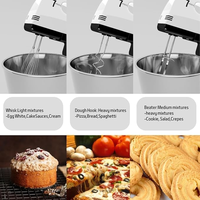 Stand Mixers, 7 Speeds With 3QT Stainless Steel Bowl, Stand and Hand Mixer with Dough Hook, Whisk, Mixing Beater for Baking, Cake, Cookie, Kneading (BU2)