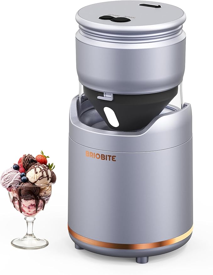 BRIOBITE Ice Cream Maker,Rechargeable Soft Ice Cream Machine with Low Noise,Compact for 1-2 Servings,Perfect for Sorbet,Gelato,Frozen Yogurt,Silver