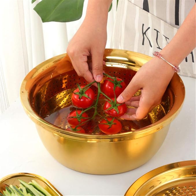 3-In-1 Multifunctional Grater Basin Colander Strainer Set, Mingcheng Stainless Steel Kitchen Grater/Drain Basket/Bottom Basin for Washing Rice, Fruits, Vegetable, Grater with Container (Rose Gold)