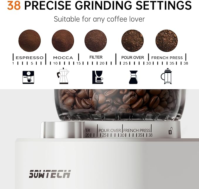 SOWTECH Conical Burr Coffee Grinder, Adjustable Electric Mill, 38 Precise Grind Settings, Precision Timer, for Espresso, Drip and French Press, Home &Office, Black