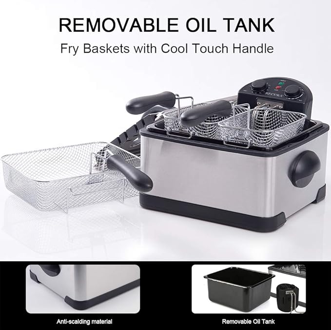 Secura 4 Liters / 17-Cup Stainless-Steel 1700-Watt Electric Deep Fryer with Timer Free Extra Odor Filter, Triple Basket, 4.5 Quarts, Silver