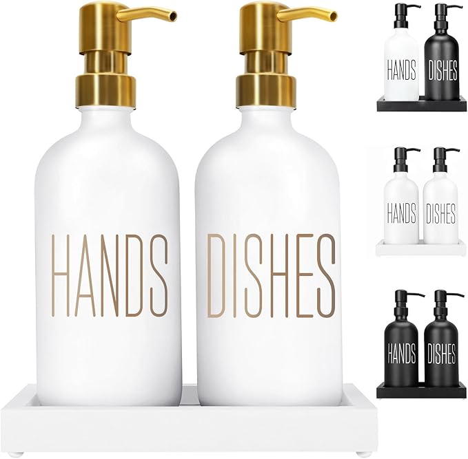 Soap Dispenser Set, Contains Hand Soap Dispenser and Dish Soap Dispenser for Kitchen， Glass Soap Dispenser with Stainless Steel Pump，for Luxury Gold Kitchen Counter Decor，（White）