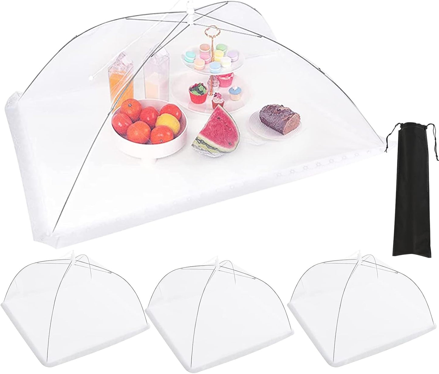 JULBEAR 4 Pcs Extra Large Mesh Food Cover Tent Umbrella Food Screen Covers for Outside Pop-up Mesh Reusable Food Nets for Parties Picnics Outdoor BBQs Collapsible (1 Pcs 40"x24", 3 Pcs 17"x17")