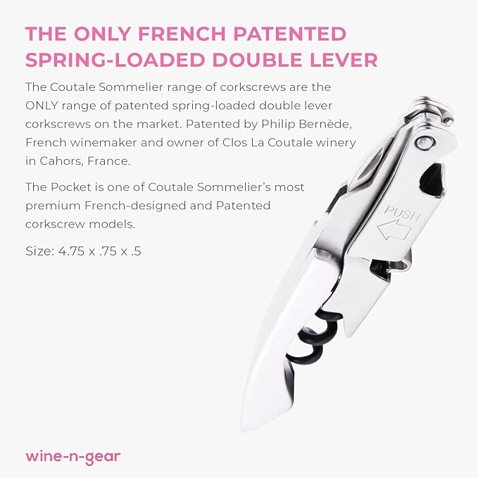 Pocket Prestige Waiters Corkscrew By Coutale Sommelier - Stainless Steel - French Patented Spring-Loaded Double Lever Wine Bottle Opener for Bartenders and Gifts - Sharp Micro-Serrated Knife