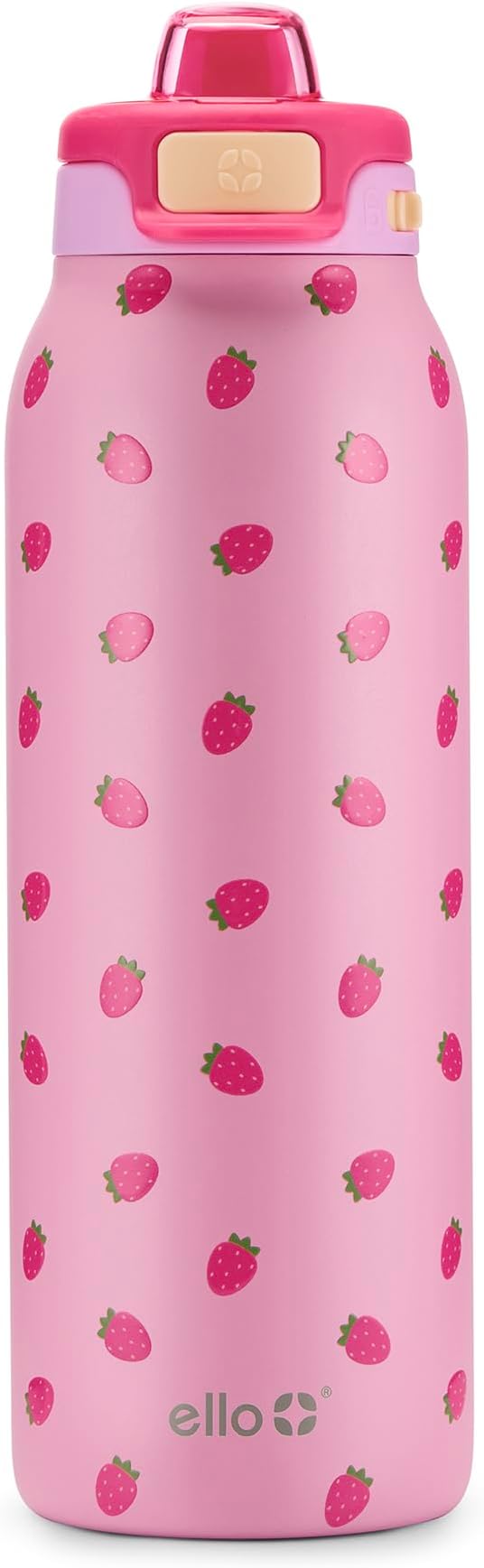 Ello Pop & Fill 32oz Stainless Steel Water Bottle with QuickFill Technology, Double Walled and Vacuum Insulated Metal, Leak Proof Locking Lid, Straw and Chug, Reusable, BPA Free, Strawberries