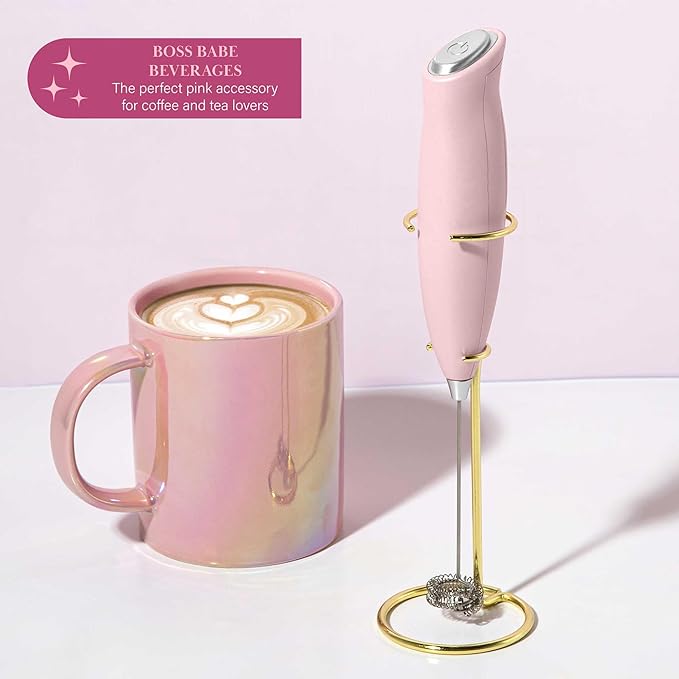 Paris Hilton Electric Handheld Milk Frother with Double Coil Head Whisk and Gold Metal Stand, Battery Powered (2 AA Batteries Required but Not Included), Pink