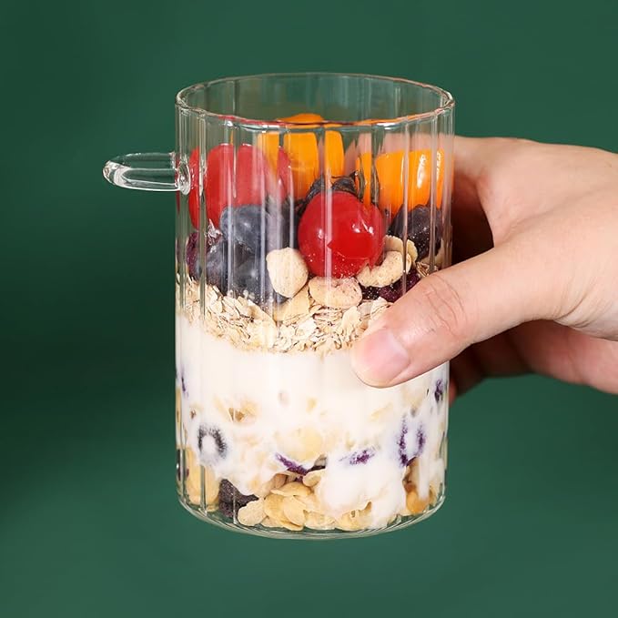 4 Pack Glass Containers with Lids and Spoons, Overnight Oat Container with Lids Glass, Oatmeal Jar with Spoons, Meal Prep Jars for Yogurt, Chia Pudding (Ribbed Round 4PCS)