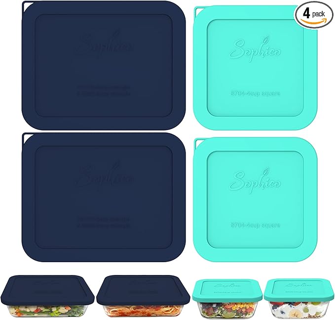 Sophico Silicone Storage Lids Cover Replacement for Pyrex Freshlock SNAPWARE 4CUP(8704), 6/8-Cup Glass Bowls (7211R/8608) Glass Bowls Containers Set, Airtight Lids, 4 Pack