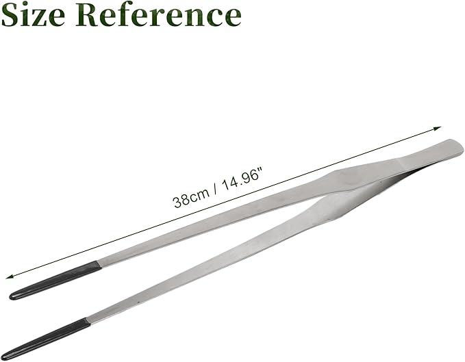 Reptile Stainless Steel Lizard Aquarium Straight Feeding Tweezers with Rubber Tip, Terrarium Feeding Tongs, 14.96" L, Black Silver Tone