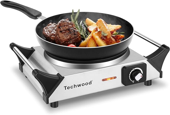 Techwood Hot Plate for Cooking, 1500W Electric Stove Countertop Single Burner with Adjustable Temperature & Stay Cool Handles, 7.5” Cooktop for Home/RV/Camp, Compatible for All Cookwares, Silver