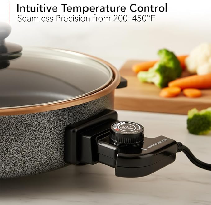 OVENTE 11.5-Inch Electric Skillet & Frying Pan, 1400W Nonstick Cooking Pan with Adjustable Temperature Control, Tempered Glass Lid with Steam Vent, Cool-Touch Handles, Easy-Clean Copper SK11112CO