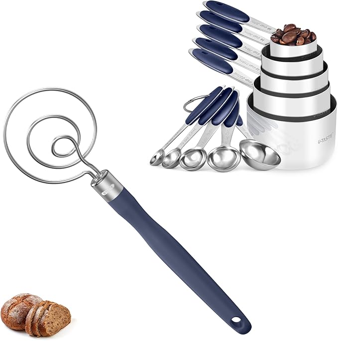 U-Taste 18/8 Stainless Steel Measuring Cups and Spoons Set of 10 and 12.6in Stainless Steel Danish Dough Whisk (Midnight Blue)
