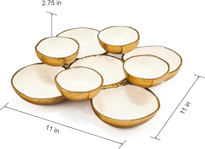 Cluster of 9 Serving Bowls, One-Piece Set, Gold White Brass Multi-Bowl Display Tray for Snacks Nuts Chips Appetizers, Modern Home Entertaining Centerpiece Dining Parties Housewarming Wedding Gifts 11"