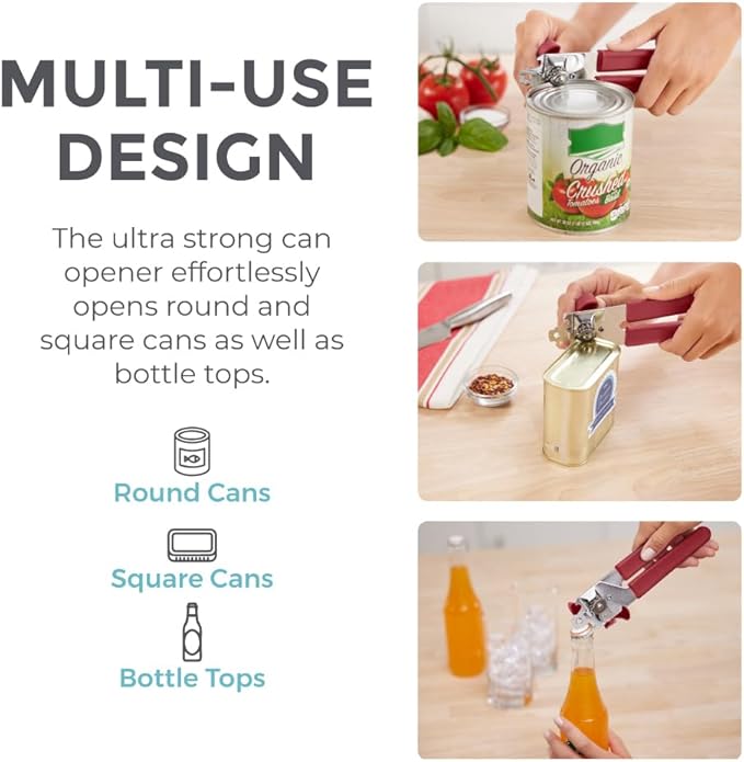 Kitchen Genie Slip Resistant Stainless Steel Manual Can Opener, Sharp Blade for Smooth Edge Cuts, Easily Open Cans, Ergonomic Handles with Easy to Turn Knob, Built-In Bottle Openers, Cherry Red