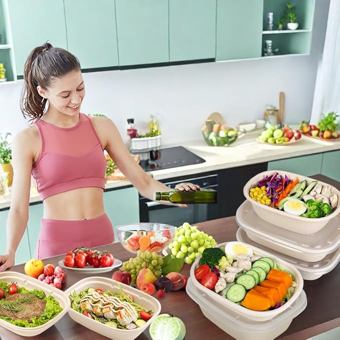 Aksipo 50 Pack 29 Oz Disposable Food Containers with Lids, Compostable Meal Prep Containers with Lids, Leak-proof To Go Food Box Cardboard Take Out Lunch Box Rectangle Paper Bowls for Salad,Leftovers