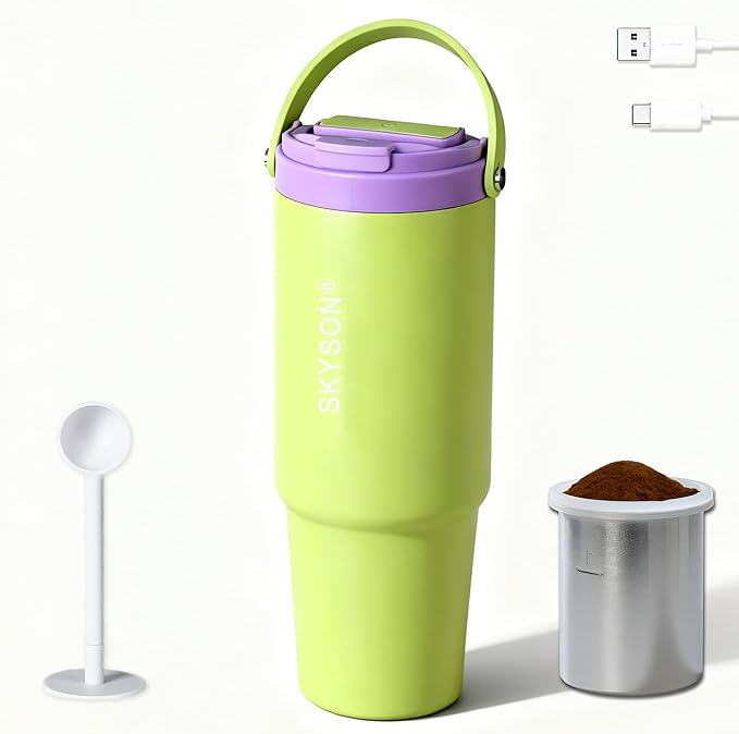 minkah Fast Extraction Mini Electric Coffee Maker - Portable Filter Coffee Brewer for Travel,Insulated Stainless Steel Tumbler,30 oz Reusable Iced Coffee Cup Machine,Hot Coffee Mug with Lid(Green)